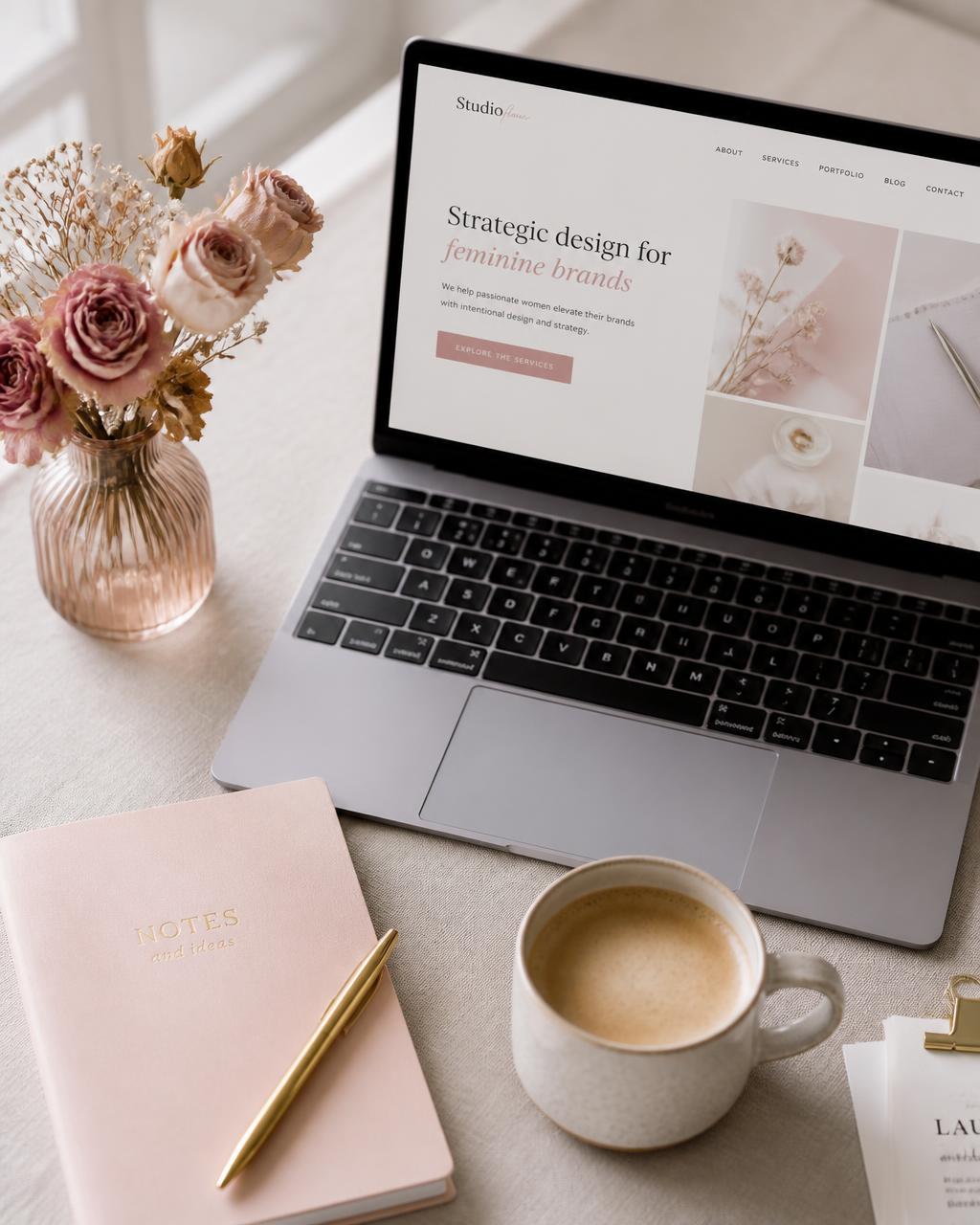 A softly styled web design workspace with a laptop, blush pink notebook and dried roses