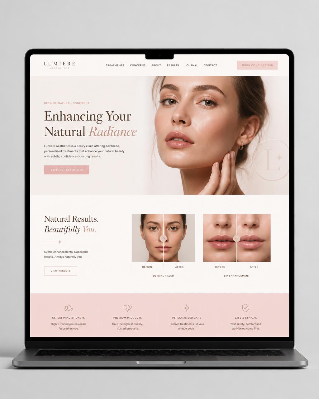 Concept website design for an aesthetics clinic, with soft neutral tones and elegant serif type