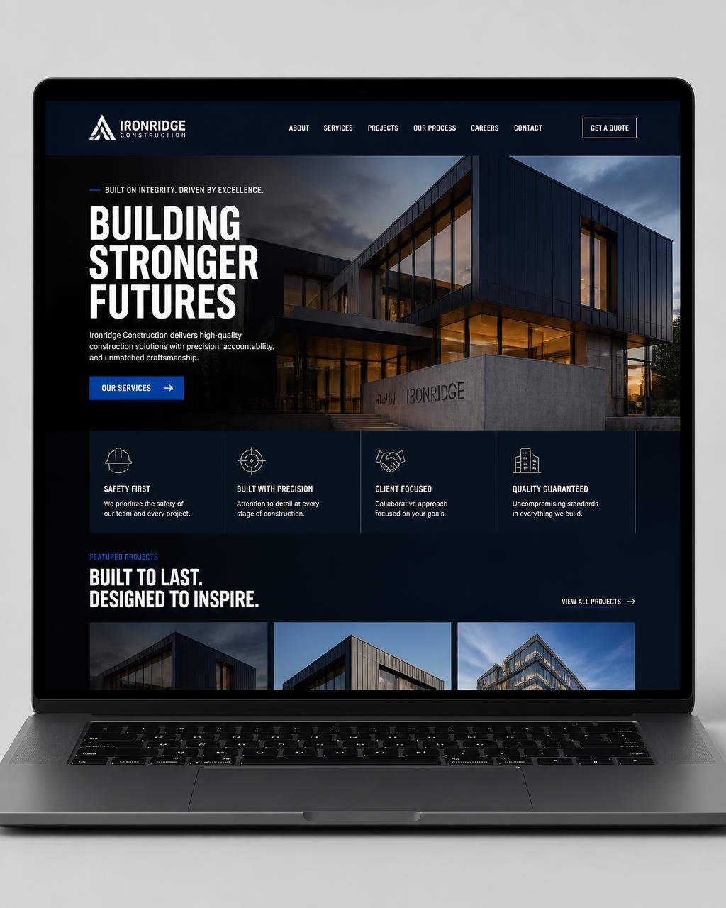 Concept website design for a construction company, with a bold dark layout and strong industrial type